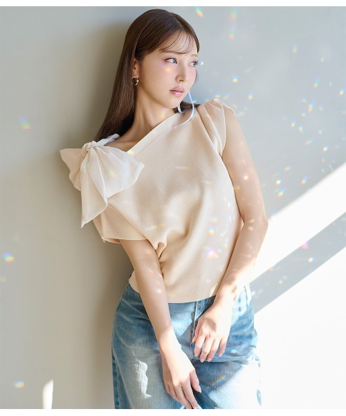 PEACH JOHN（ピーチジョン）の「アシメトリーリボンニットトップス（Tシャツ/カットソー・レディース・ミント/ホワイト/ブラック・ONE SIZE）」の4枚目の写真