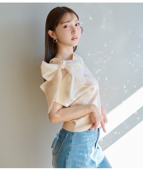 PEACH JOHN（ピーチジョン）の「アシメトリーリボンニットトップス（Tシャツ/カットソー・レディース・ミント/ホワイト/ブラック・ONE SIZE）」の5枚目の写真