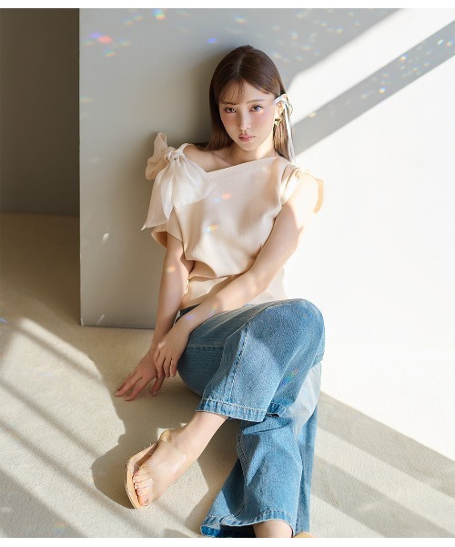 PEACH JOHN（ピーチジョン）の「アシメトリーリボンニットトップス（Tシャツ/カットソー・レディース・ミント/ホワイト/ブラック・ONE SIZE）」の6枚目の写真