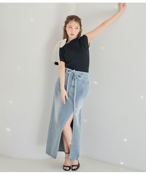 PEACH JOHN（ピーチジョン）の「アシメトリーリボンニットトップス（Tシャツ/カットソー・レディース・ミント/ホワイト/ブラック・ONE SIZE）」の8枚目の写真