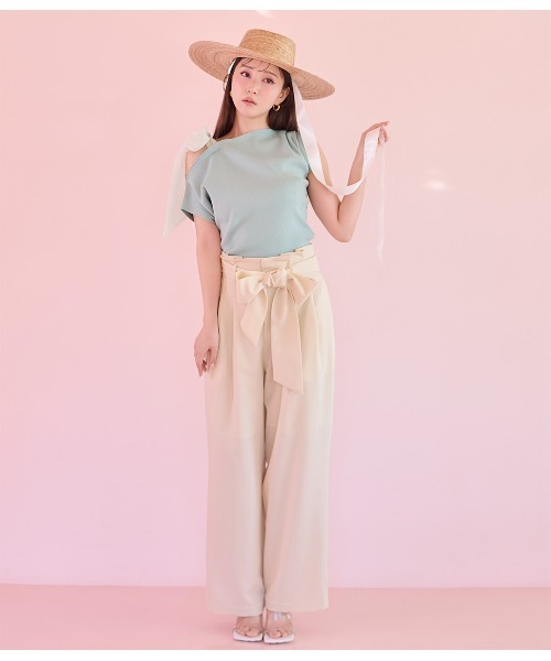 PEACH JOHN（ピーチジョン）の「アシメトリーリボンニットトップス（Tシャツ/カットソー・レディース・ミント/ホワイト/ブラック・ONE SIZE）」の10枚目の写真