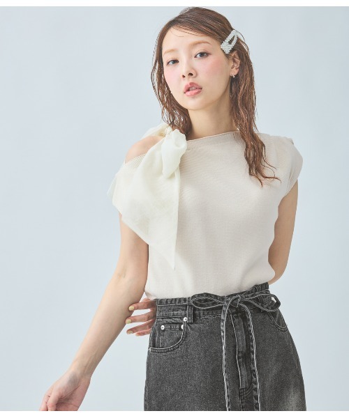 PEACH JOHN（ピーチジョン）の「アシメトリーリボンニットトップス（Tシャツ/カットソー・レディース・ミント/ホワイト/ブラック・ONE SIZE）」の19枚目の写真