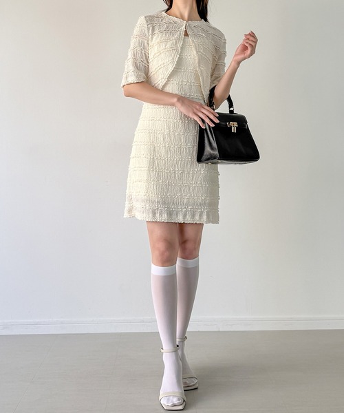 ◎90s KATHARINE HAMNETT 半袖 ロングワンピース Sベージュ 半袖カーディガン+カットレースキャミワンピースset（ワンピース