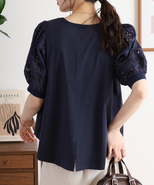 tシャツ BRODIAEA 袖レース切り替えバックスリット5分袖カットソー レディース セール】BRODIAEA 袖レース切り替えバックスリット5分袖