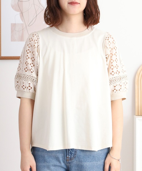 tシャツ BRODIAEA 袖レース切り替えバックスリット5分袖カットソー レディース セール】BRODIAEA 袖レース切り替えバックスリット5分袖