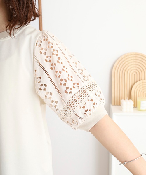 BRODIAEA 袖レース切り替えバックスリット5分袖カットソー（T