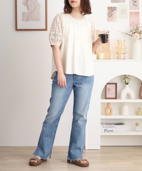 tシャツ BRODIAEA 袖レース切り替えバックスリット5分袖カットソー レディース tシャツ BRODIAEA 袖レース切り替えバックスリット5分袖