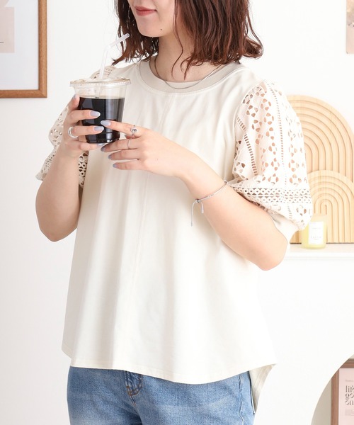 BRODIAEA(ブローディア)の「BRODIAEA 袖レース切り替えバックスリット5分袖カットソー(Tシャツ/カットソー・レディース・ベージュ/ネイビー/オフホワイト・40)」の10枚目の写真