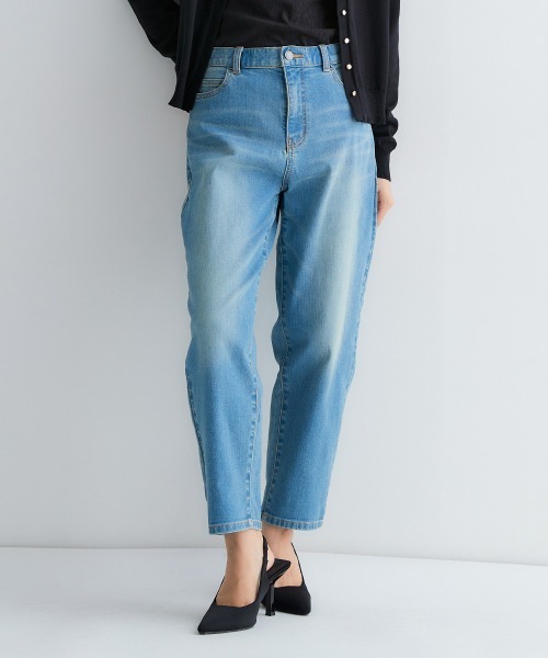 Petitjo（プッチージョ）の「小さいサイズ　すごく伸びるテーパードデニムパンツ　低身長さん・小柄女性（デニムパンツ・レディース・ネイビー/ブルー系・58/61/64/67）」の2枚目の写真