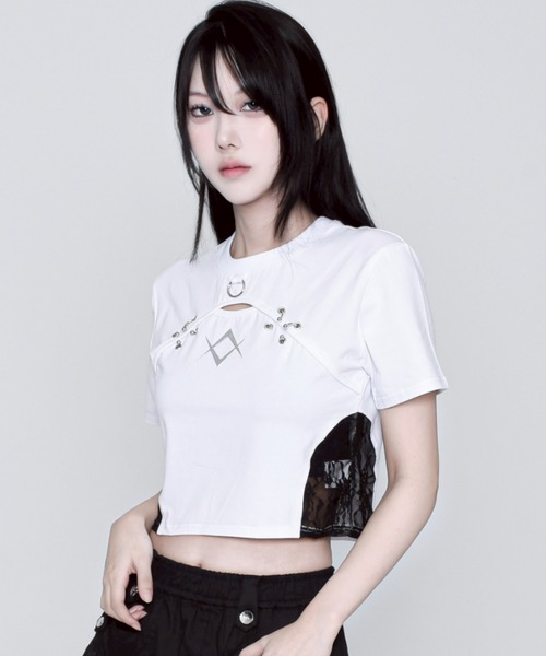 tシャツ 「REFLEM/レフレム」レース切替クロップドTシャツ/ハーフスリーブカットソー レディース REFLEM/レフレム』レース切替クロップドTシャツ/ハーフスリーブ