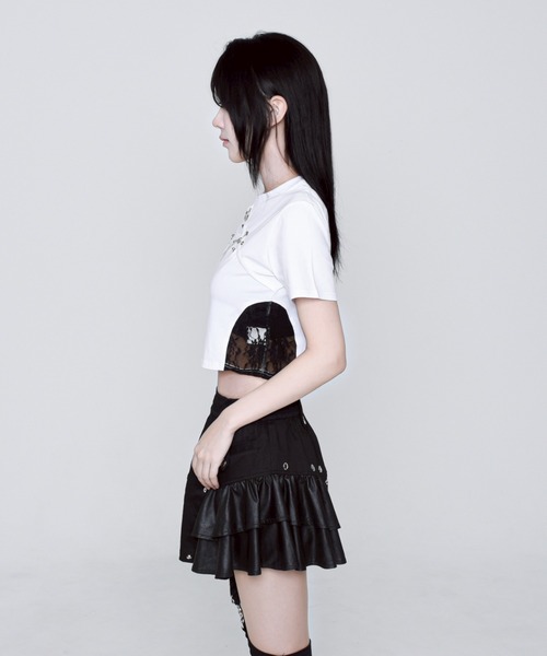 REFLEM メタリックオーバルロゴ切り替えレース切替クロップドTシャツ REFLEM メタリックオーバルロゴ切り替えレース切替クロップドTシャツ