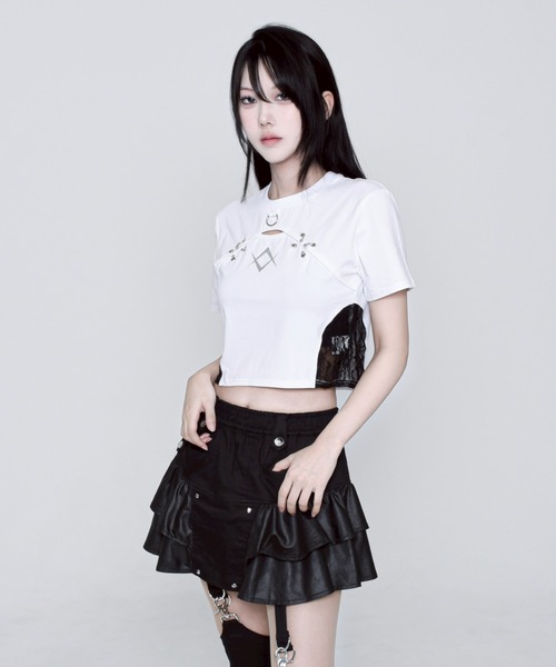 REFLEM/レフレム』レース切替クロップドTシャツ/ハーフスリーブ