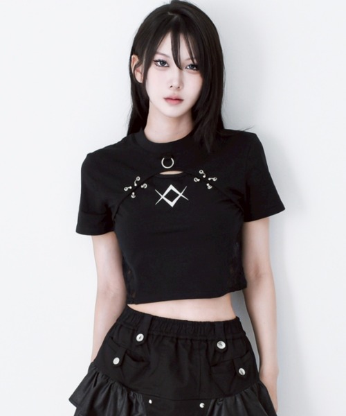 LEFLEM／レフレム／レース切替クロップドTシャツ／ハーフスリーブカットソー REFLEM/レフレム』レース切替クロップドTシャツ/ハーフスリーブ