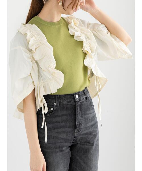 Te chichi(テチチ)の「ドロストギャザーボレロジャケット(ノーカラージャケット・レディース・ブラック/オフホワイト・F)」の1枚目の写真