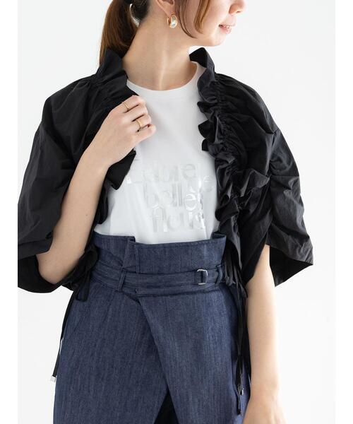 Te chichi(テチチ)の「ドロストギャザーボレロジャケット(ノーカラージャケット・レディース・ブラック/オフホワイト・F)」の2枚目の写真