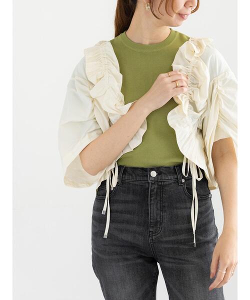 Te chichi(テチチ)の「ドロストギャザーボレロジャケット(ノーカラージャケット・レディース・ブラック/オフホワイト・F)」の6枚目の写真