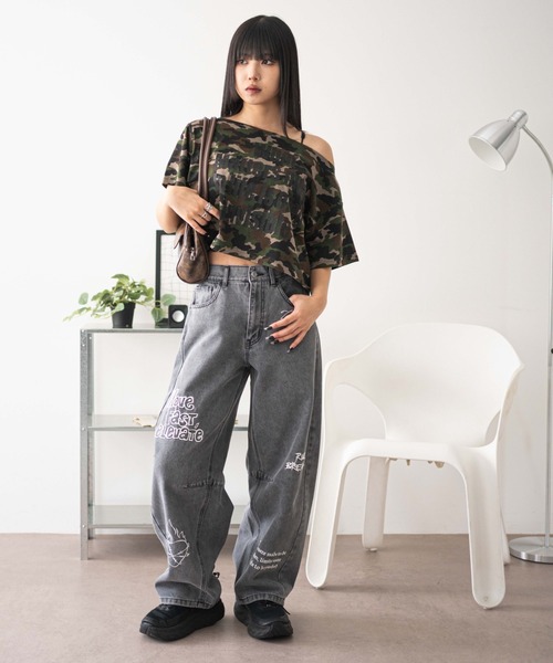 WEGO/【25年春夏新作】刺繍ロゴバレルレッグパンツ（デニム