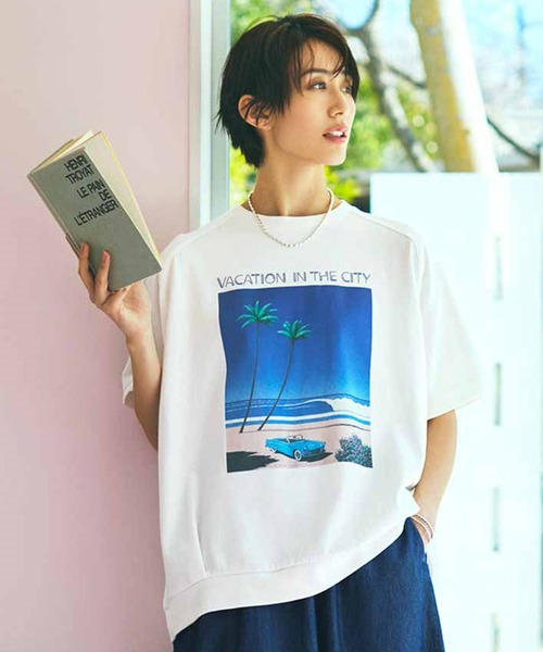 tシャツ ＩＥＤＩＴ　永井博さんコラボ　　ＶＡＣＡＴＩＯＮ　ＩＮ　ＴＨＥ　ＣＩＴＹ　長袖Ｔシャツ「ホワイト」 レディース IEDIT[イディット] 永井博さんコラボ VACATION IN THE CITY 長袖