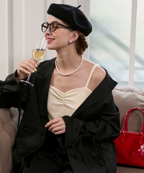 BONLECILL noir（ボンルシールノワール）の「【BONLECILL noir】カップ付きハートネックギャザーベロアキャミソール（キャミソール・レディース・ブラウン/ブラック/アイボリー・FREE）」の5枚目の写真