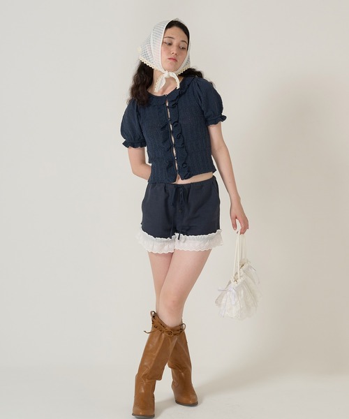 TINA:JOJUN(ティーナジョジュン)の「フリル付き 半袖ニットカーディガン TINA:JOJUN(カーディガン/ボレロ・レディース・ピンク/ネイビー・M)」の18枚目の写真