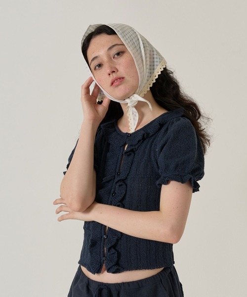 TINA:JOJUN(ティーナジョジュン)の「フリル付き 半袖ニットカーディガン TINA:JOJUN(カーディガン/ボレロ・レディース・ピンク/ネイビー・M)」の10枚目の写真