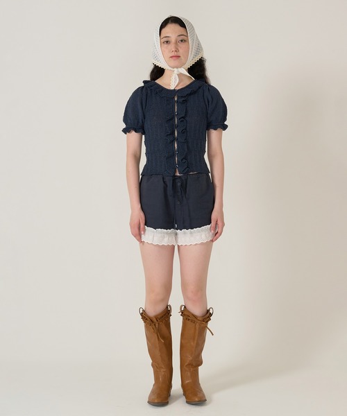 TINA:JOJUN(ティーナジョジュン)の「フリル付き 半袖ニットカーディガン TINA:JOJUN(カーディガン/ボレロ・レディース・ピンク/ネイビー・M)」の11枚目の写真