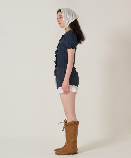 TINA:JOJUN(ティーナジョジュン)の「フリル付き 半袖ニットカーディガン TINA:JOJUN(カーディガン/ボレロ・レディース・ピンク/ネイビー・M)」の12枚目の写真