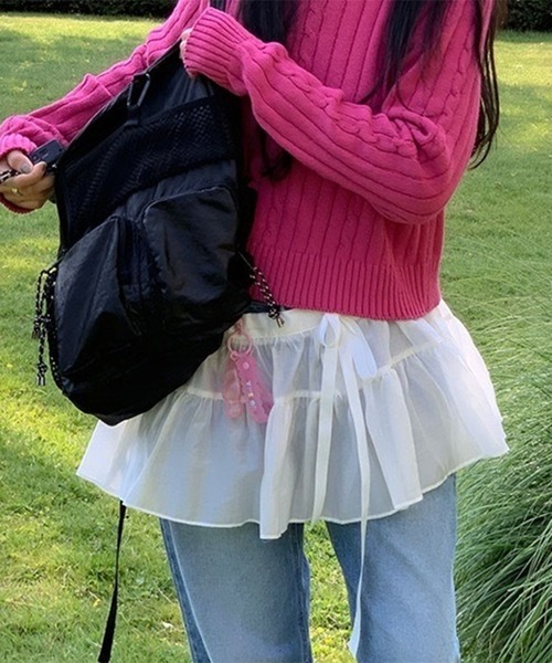 THE HITSS(ヒッツ)の「フリル リボン シフォン レイヤード ラップスカート(スカート・レディース・ホワイト/ブラック・FREE)」の8枚目の写真