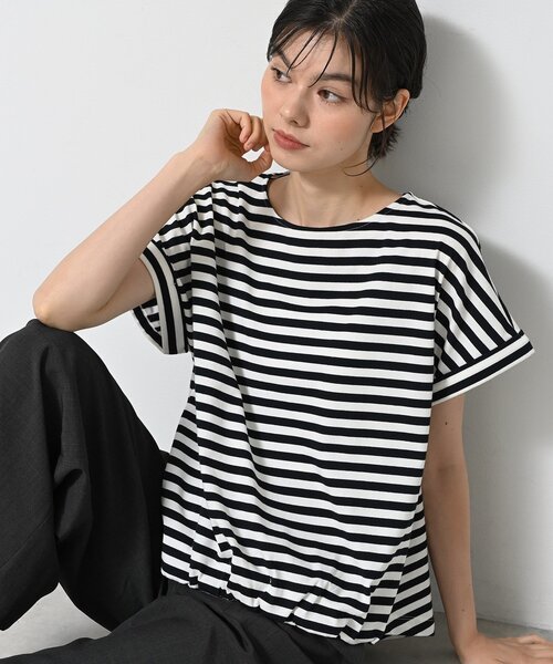 Dessin(デッサン)の「【二の腕カバー/UVカット】ロールアップスリーブ裾ギャザーカットソー(Tシャツ/カットソー・レディース・ネイビー系2/ナチュラル/ピンク/ホワイト・03/02/01/00)」の1枚目の写真