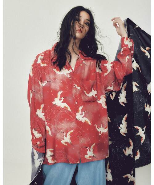 NIPOALOHA（ニポアロハ）の「【NIPOALOHA】"朱鷺-TOKI" LONG SLEEVE SHIRT（シャツ/ブラウス・レディース・ブラック/レッド・MEDIUM/SMALL）」の3枚目の写真