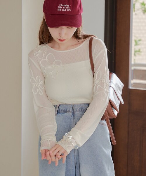 Kastane(カスタネ)の「【ロングセラー】フラワーコード刺繍シアーTOPS(Tシャツ/カットソー・レディース・ブラウン/ブラック/アイボリー・FREE)」の4枚目の写真