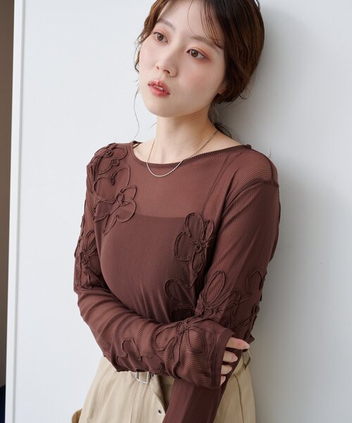 フラワーコード刺繍シアーTOPS &レイヤードフリルTシャツ フラワーコード刺繍シアーTOPS &レイヤードフリルTシャツ