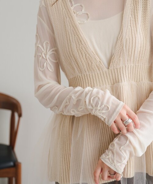 フラワーコード刺繍シアーTOPS &レイヤードフリルTシャツ フラワーコード刺繍シアーTOPS &レイヤードフリルTシャツ