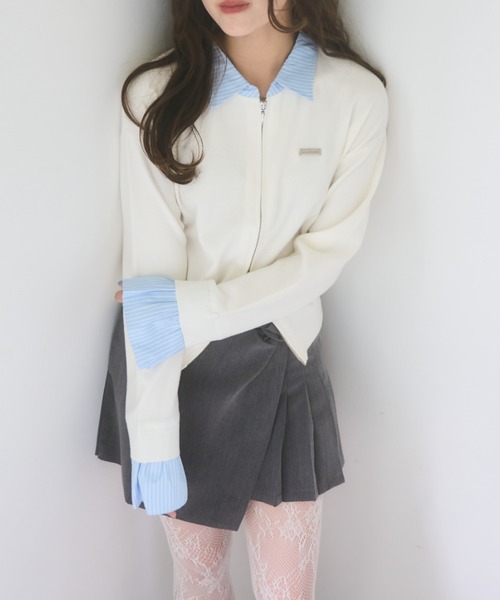 mellowneon（メロウネオン）の「シャツレイヤードライクニット（ニット/セーター・レディース・グレー/オフホワイト・FREE）」の2枚目の写真