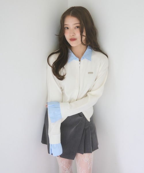 mellowneon（メロウネオン）の「シャツレイヤードライクニット（ニット/セーター・レディース・グレー/オフホワイト・FREE）」の8枚目の写真