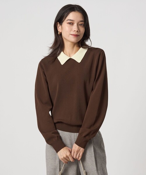 green label relaxing(グリーンレーベルリラクシング)の「襟付き ロングスリーブ プルオーバー ニット ウォッシャブル(ニット/セーター・レディース・ブラック/ダークブラウン・FREE)」の2枚目の写真