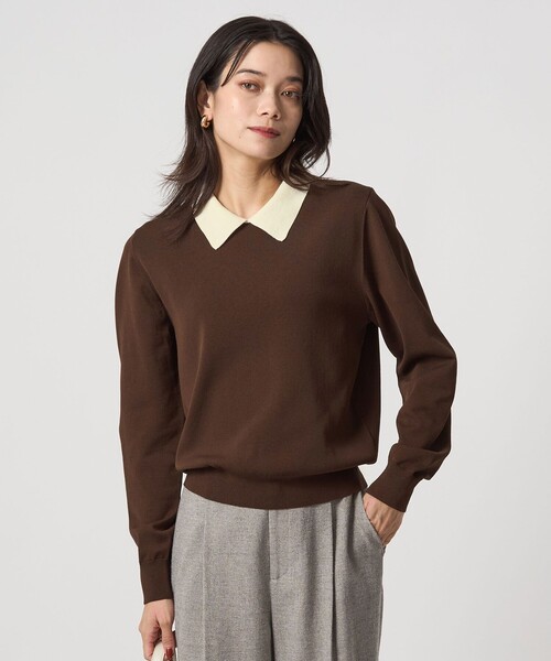 green label relaxing(グリーンレーベルリラクシング)の「襟付き ロングスリーブ プルオーバー ニット ウォッシャブル(ニット/セーター・レディース・ブラック/ダークブラウン・FREE)」の3枚目の写真