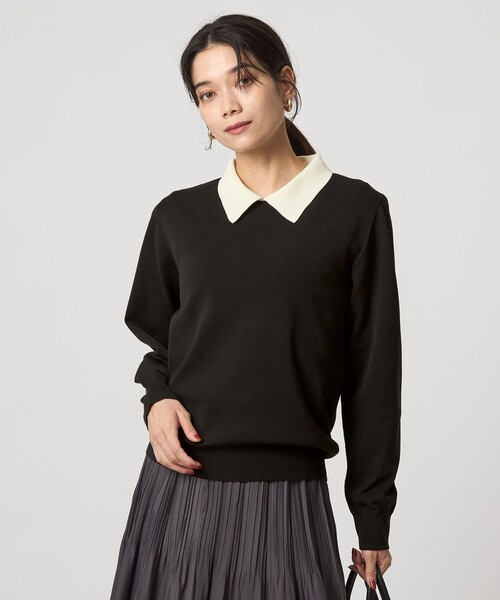 green label relaxing(グリーンレーベルリラクシング)の「襟付き ロングスリーブ プルオーバー ニット ウォッシャブル(ニット/セーター・レディース・ブラック/ダークブラウン・FREE)」の6枚目の写真