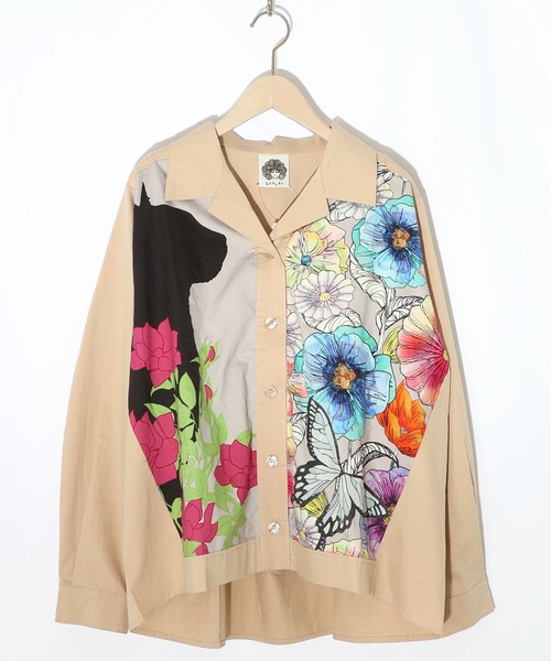ScoLar(スカラー)の「153649:ネコ花柄切替シャツ(シャツ/ブラウス・レディース・カーキ/アイボリー・M)」の1枚目の写真