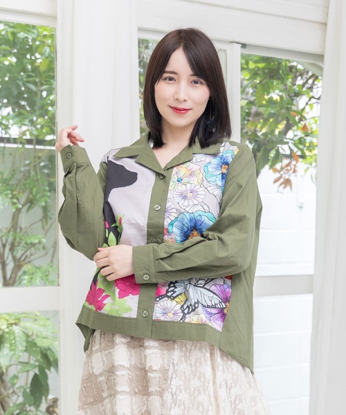 ScoLar(スカラー)の「153649:ネコ花柄切替シャツ(シャツ/ブラウス・レディース・カーキ/アイボリー・M)」の14枚目の写真