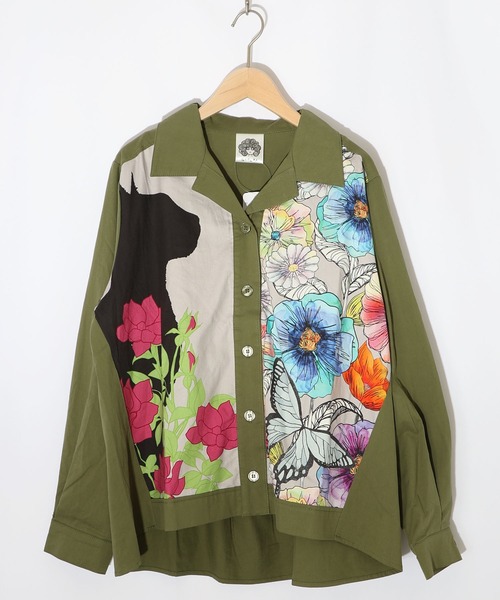 ScoLar(スカラー)の「153649:ネコ花柄切替シャツ(シャツ/ブラウス・レディース・カーキ/アイボリー・M)」の8枚目の写真