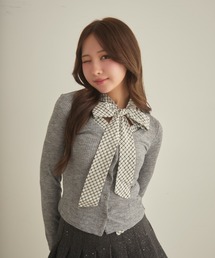 リボン付きグレーリブ編み長袖セーター ニット/セーター（グレー/灰色系・リボン）ファッション通販