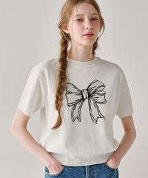 RONRON（ロンロン）の「LINE RIBBON SHORT SLEEVE KNIT WHITE BLACK（ニット/セーター）」