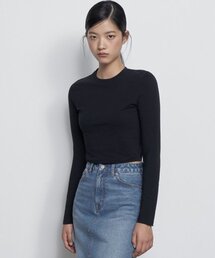 ウィメンズスリムクロップクルーネック長袖Tシャツ[ブラック]