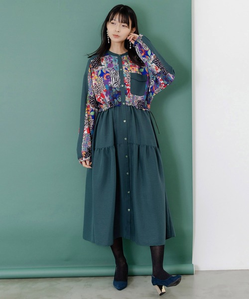 ScoLar（スカラー）の「153679：総柄ワッシャーティアードシャツワンピース（シャツワンピース・レディース・グリーン/ブラウン/ブラック・M）」の5枚目の写真