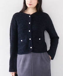 Drawerブラック＆ホワイトツィードニットカーデジャケット ミックス ツイード ノーカラー ニット ジャケット ―ウォッシャブル―