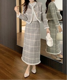 gossip！ロサンゼルス（ゴシップロサンゼルス）の「Y2K エコファー×チェックツイードジャケット＆ロングスカートセットアップ（セットアップ）」