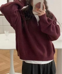 ゆったりハーフジップタートルネックの厚手セーター