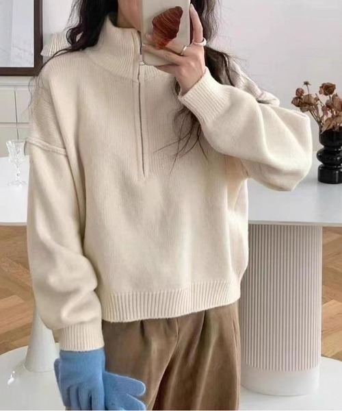 MAISON DE THERESE(メゾン ド テレーズ)の「ゆったりハーフジップタートルネックの厚手セーター(ニット/セーター・レディース・ブラック/アイボリー/ワイン/グレー/ベージュ・FREE)」の2枚目の写真