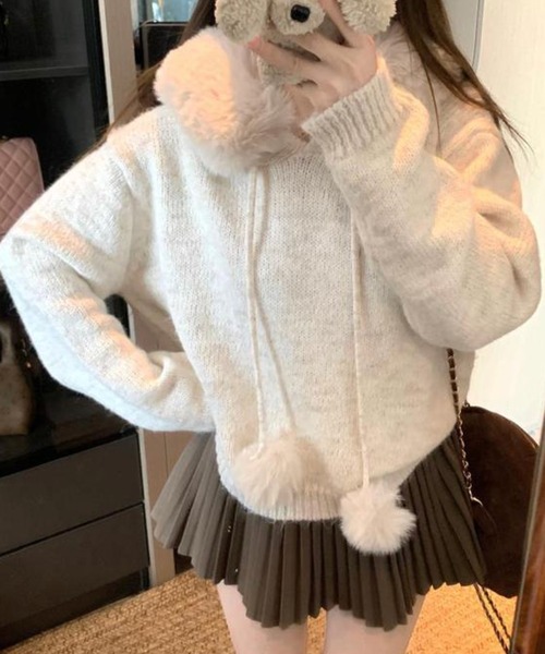 Nia（ニア）の「Nia(ニア)/ボリュームファー　ポンポン付き　ニットトップス（ニット/セーター・レディース・ブラウン/グレー/アイボリー・FREE）」の7枚目の写真